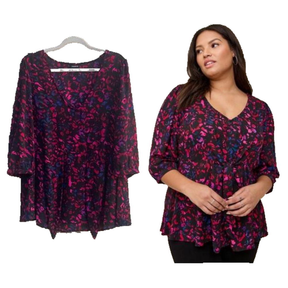Torrid Women's Black and Neon Colored Georgette Tie-Front Blouse Top Size 2/2X